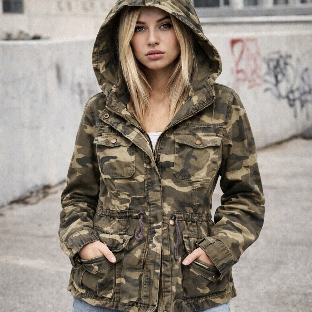 Camo Utility Hooded Field Jacket Womens Medium Green Camouflage Military Grunge